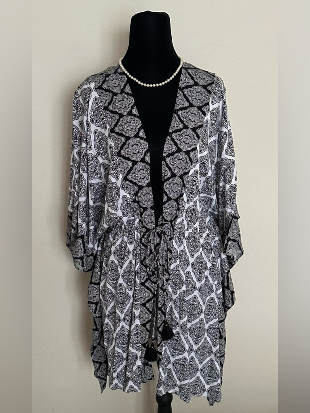 La Blanca Black & White Geo Tie-Front Swim Coverup with Tassels - Picture 2 of 11